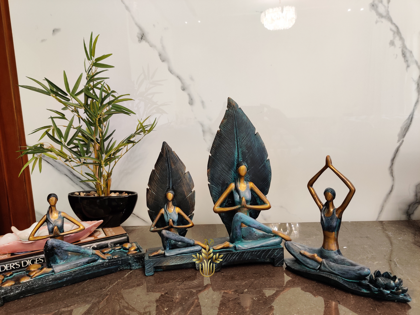 Blue Yoga Figurines -leaf,lotus and pebble design 